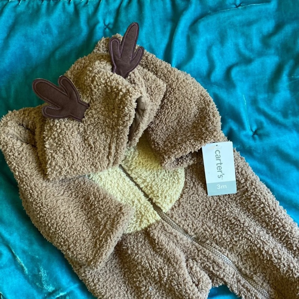 Fluffy Baby reindeer zip up jumpsuit